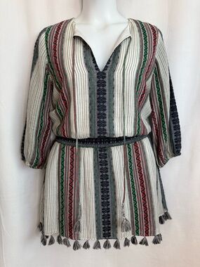 Alice Olivia Nance Striped Embroidered Tassel Dress Size 6 Smocked Waist Beachy